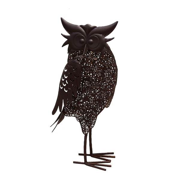 Oakland Living 16.7 in. Steel Animal Garden Owl Metal Bird Sculpture Statue w/Solar Light & Ground Stake, Bronze 650259-OWL-HB - main